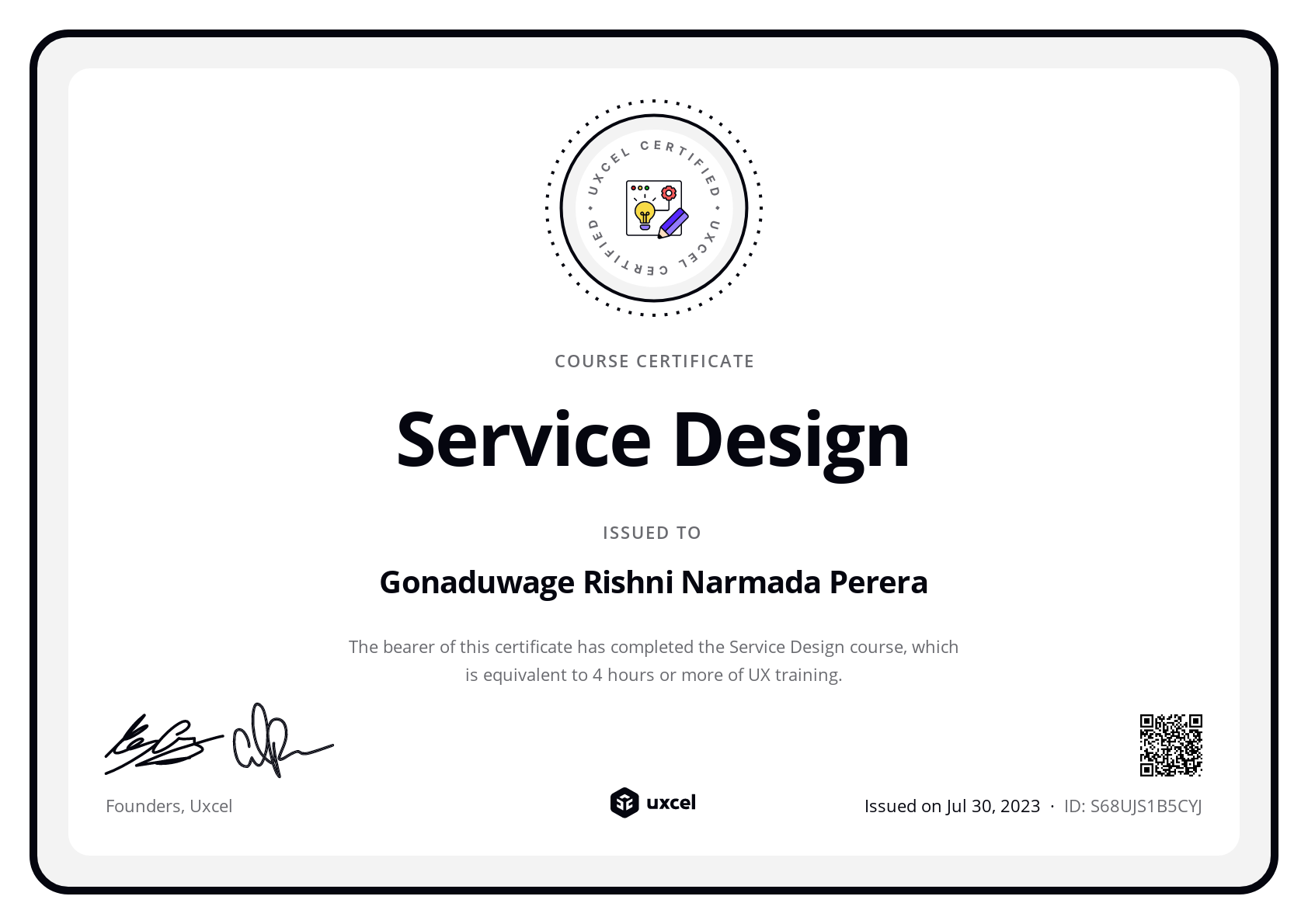 Gonaduwage Rishni Narmada Perera's certificate